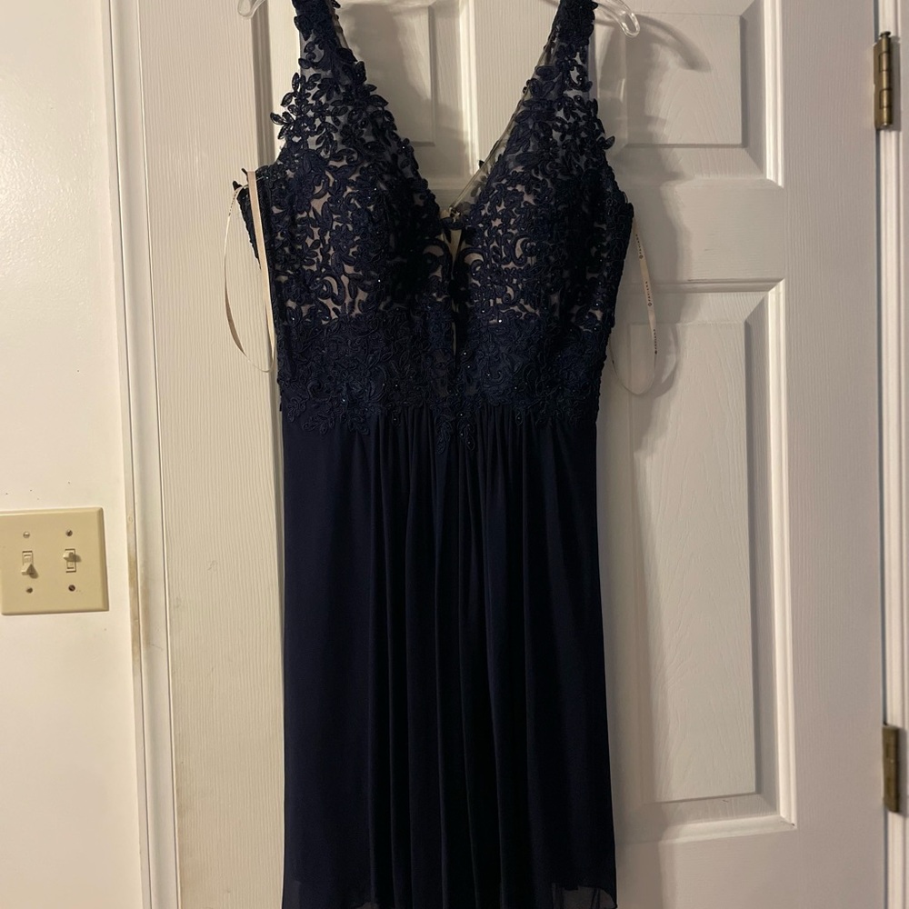 Faviana Navy and Cream Dress